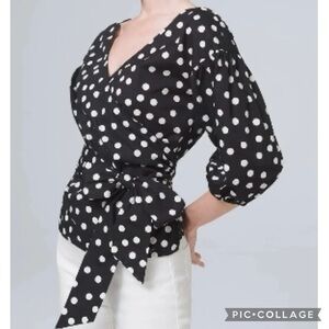 WHBM Wrap Top Black White Polka Dot Balloon Sleeve Peplum Tie Waist S